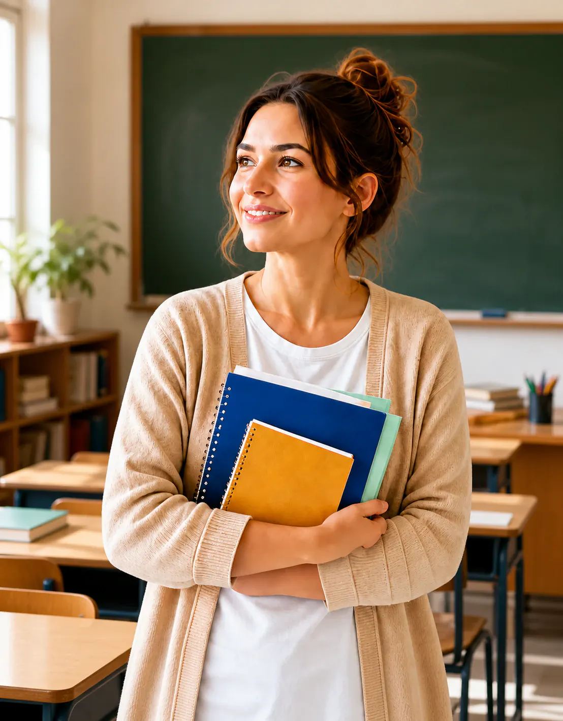 Illustration : une enseignante dans sa salle de classe, des cahiers dans les bras